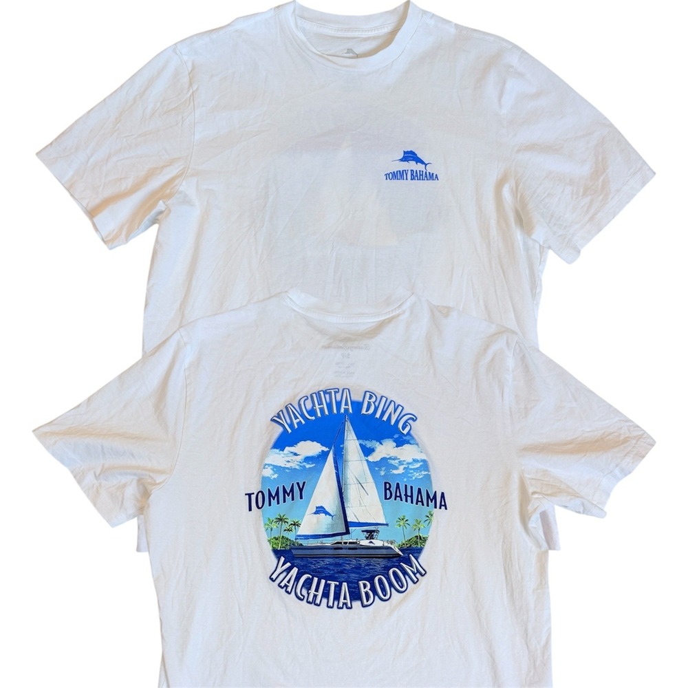 Tommy Bahama T-Shirt Mens Small White Yachta Bing Yachta Boom Sailboat Graphic